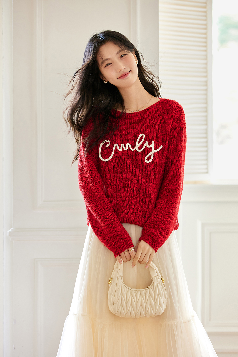 Letter Embroidered Round Neck Knit Sweater Loose Sweater-VIMLYSTORE