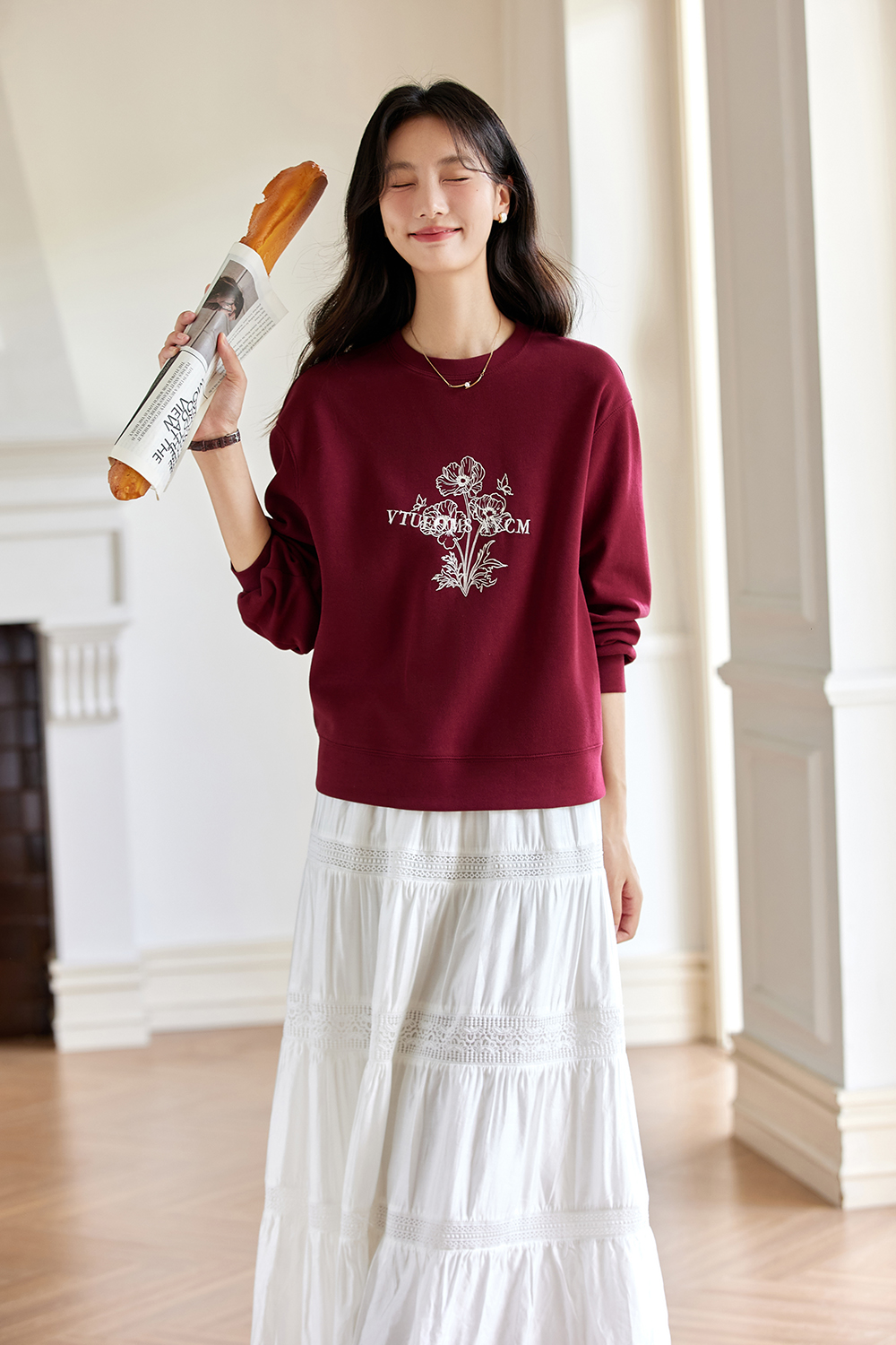 Flower print red round neck Sweatshirt-VIMLYSTORE