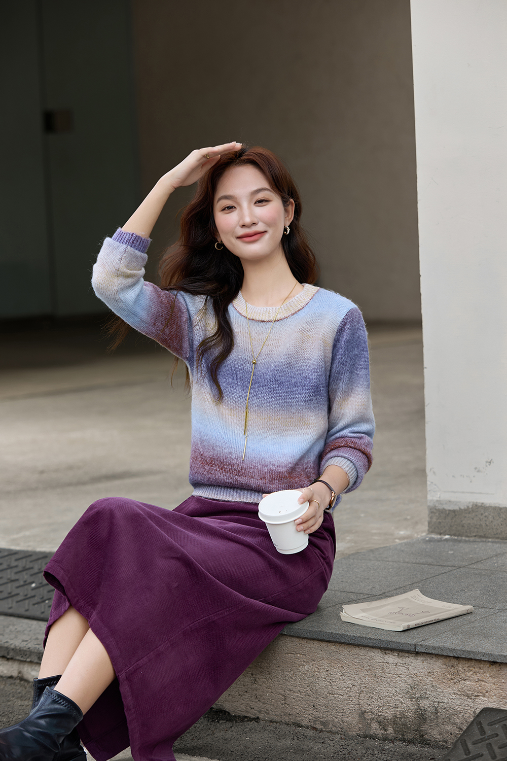 Gradient Color Round Neck Sweater Skirt Set-VIMLYSTORE