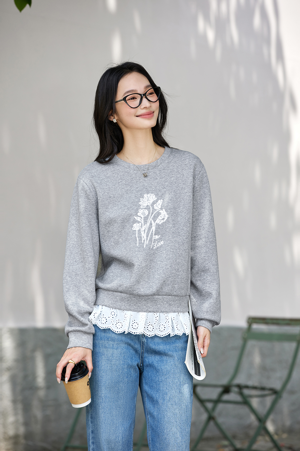 Lace Trim Fake Two-Piece Round Neck Sweatshirt-VIMLYSTORE
