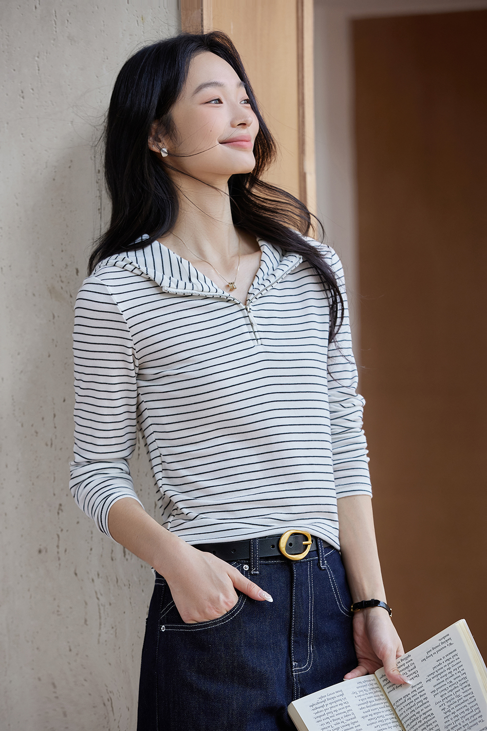 Striped Long Sleeve Hooded Slimming Zipper T-Shirt-VIMLYSTORE