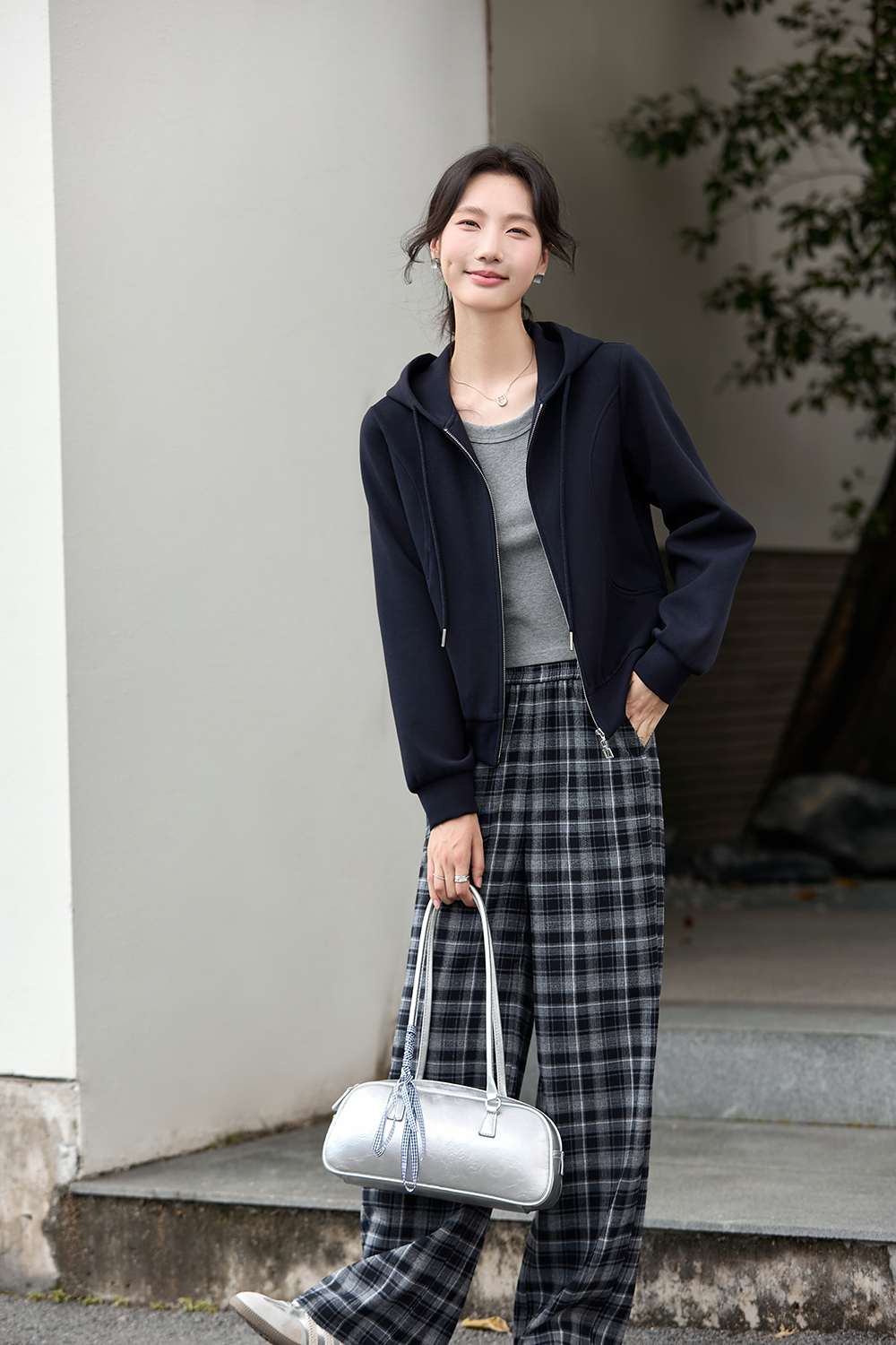 Hooded Zipper Jacket Plaid Pants Set-VIMLYSTORE