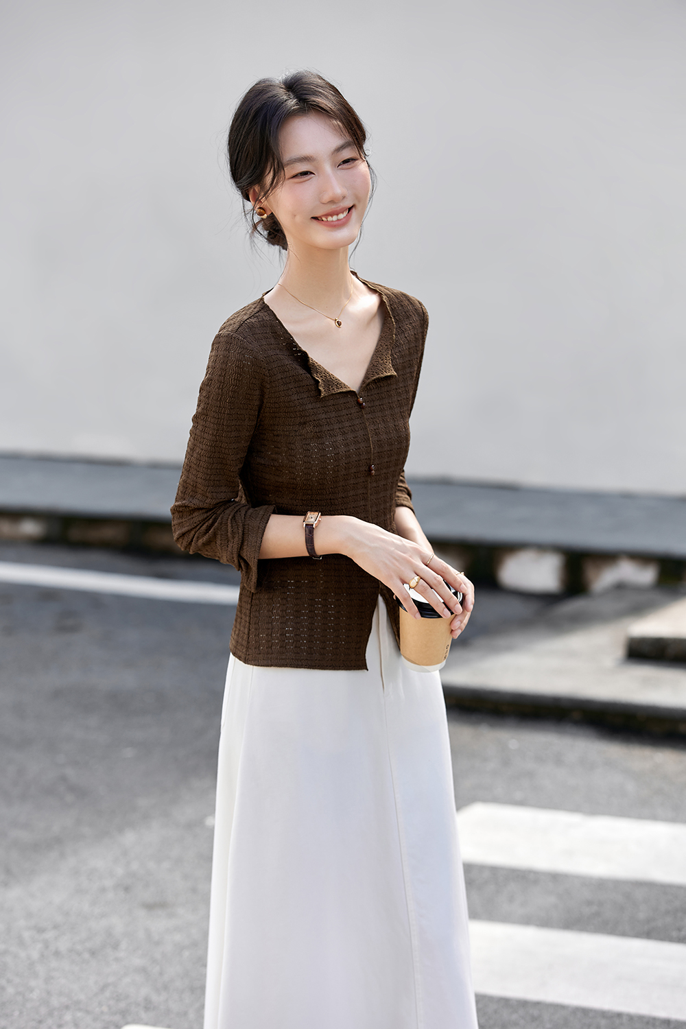 Textured Wrinkle Slim-Fit Slimming V-Neck Long Sleeve T-Shirt-VIMLYSTORE