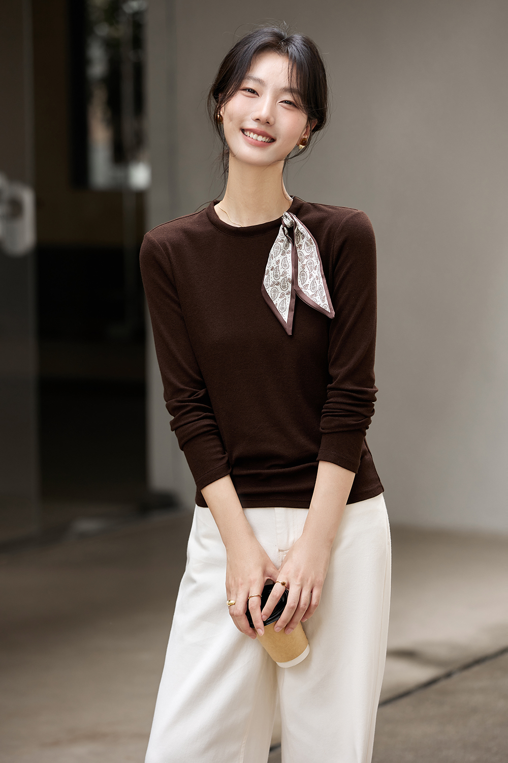 Scarf Decoration Round Neck Long Sleeve Knit T-Shirt-VIMLYSTORE