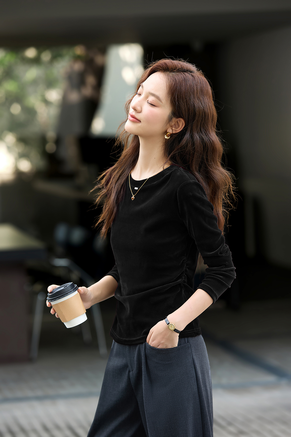 Round Neck Velvet Slim-Fit Slimming Knit T-Shirt-VIMLYSTORE