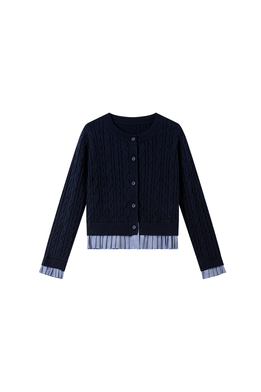 Plaid Patchwork Navy Cable-Knit Top-VIMLYSTORE
