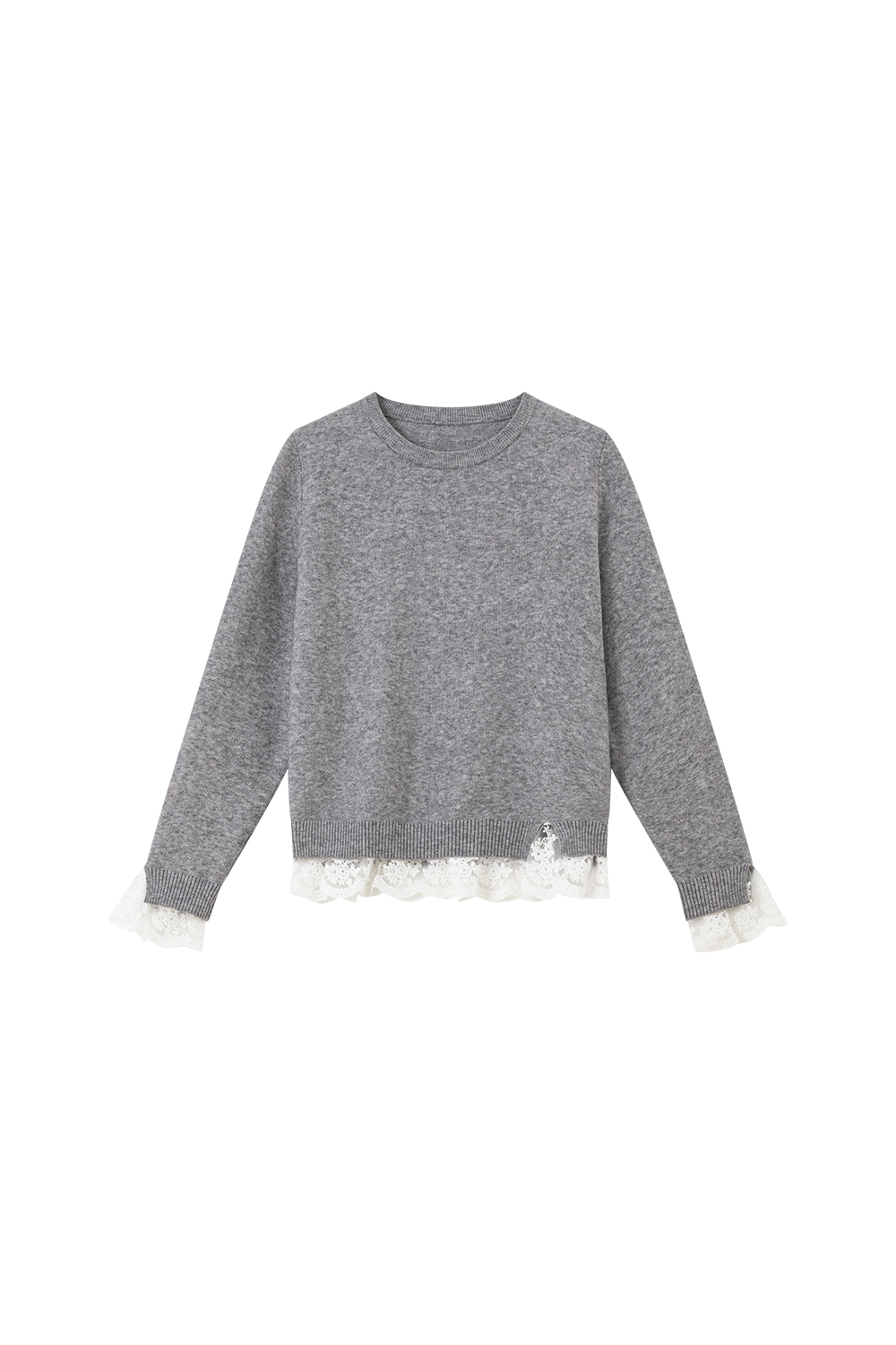 Grey Lace-Trimmed Crewneck Knit Top