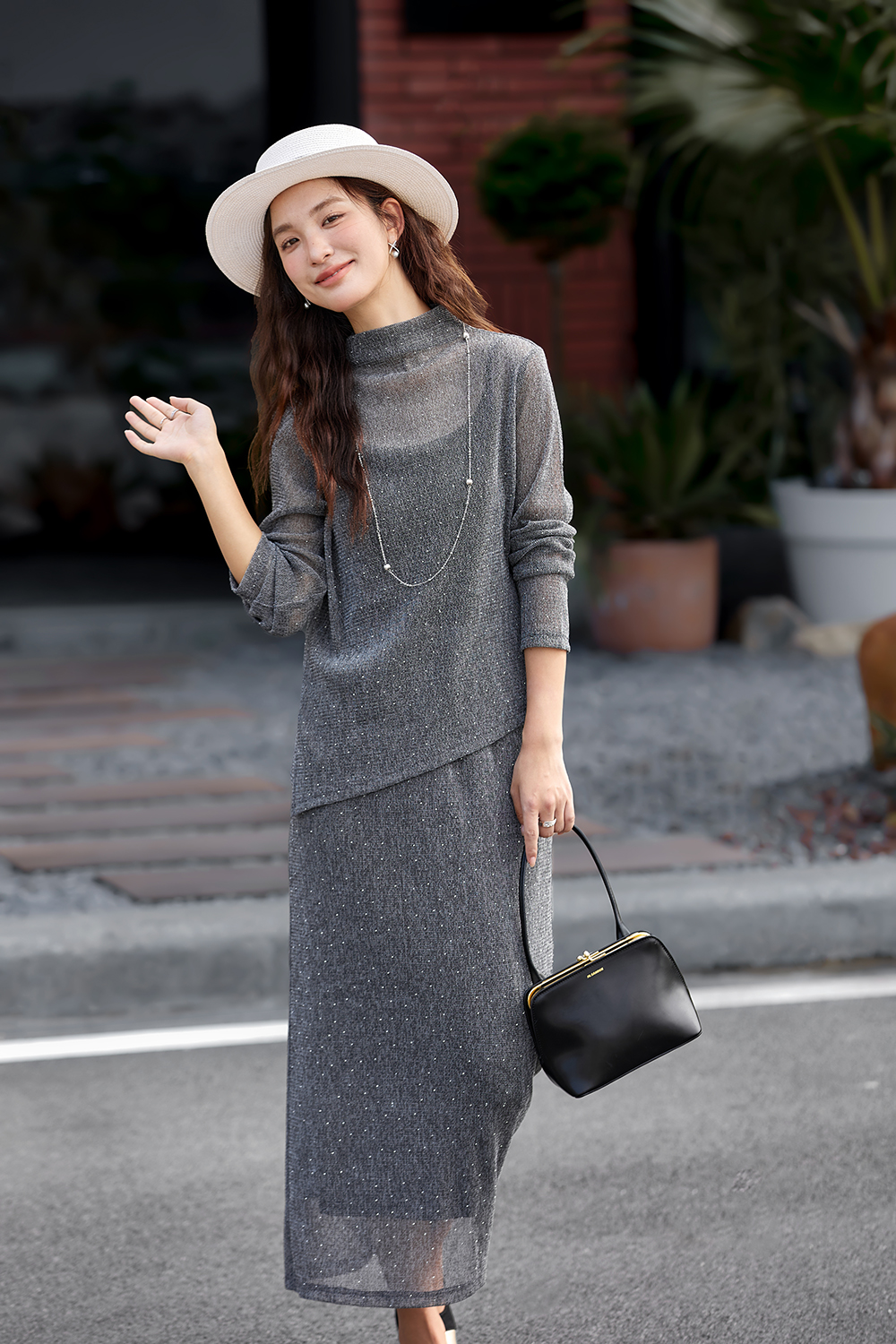 Grey rhinestone suspenders and tops and A-word overskirt.-VIMLYSTORE