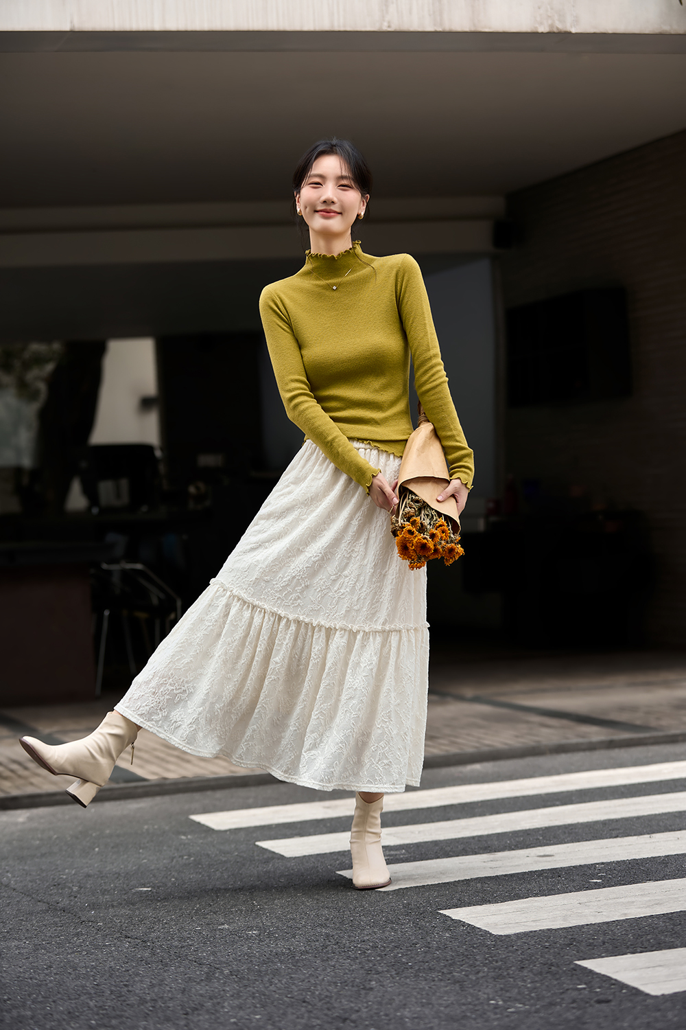 French Brushed Lace Panel Midi Skirt