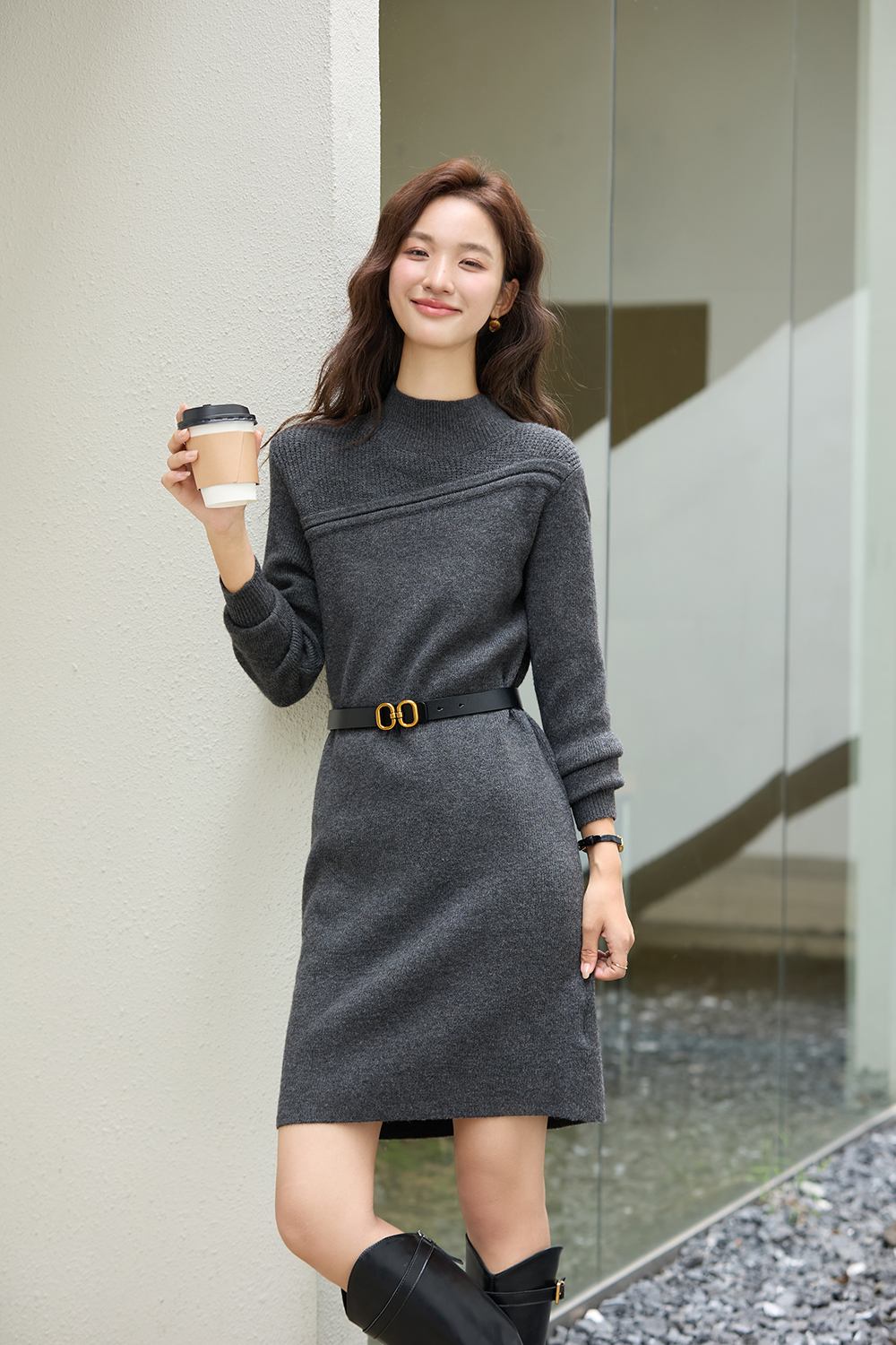 Mock-Neck Paneled Knit Dress