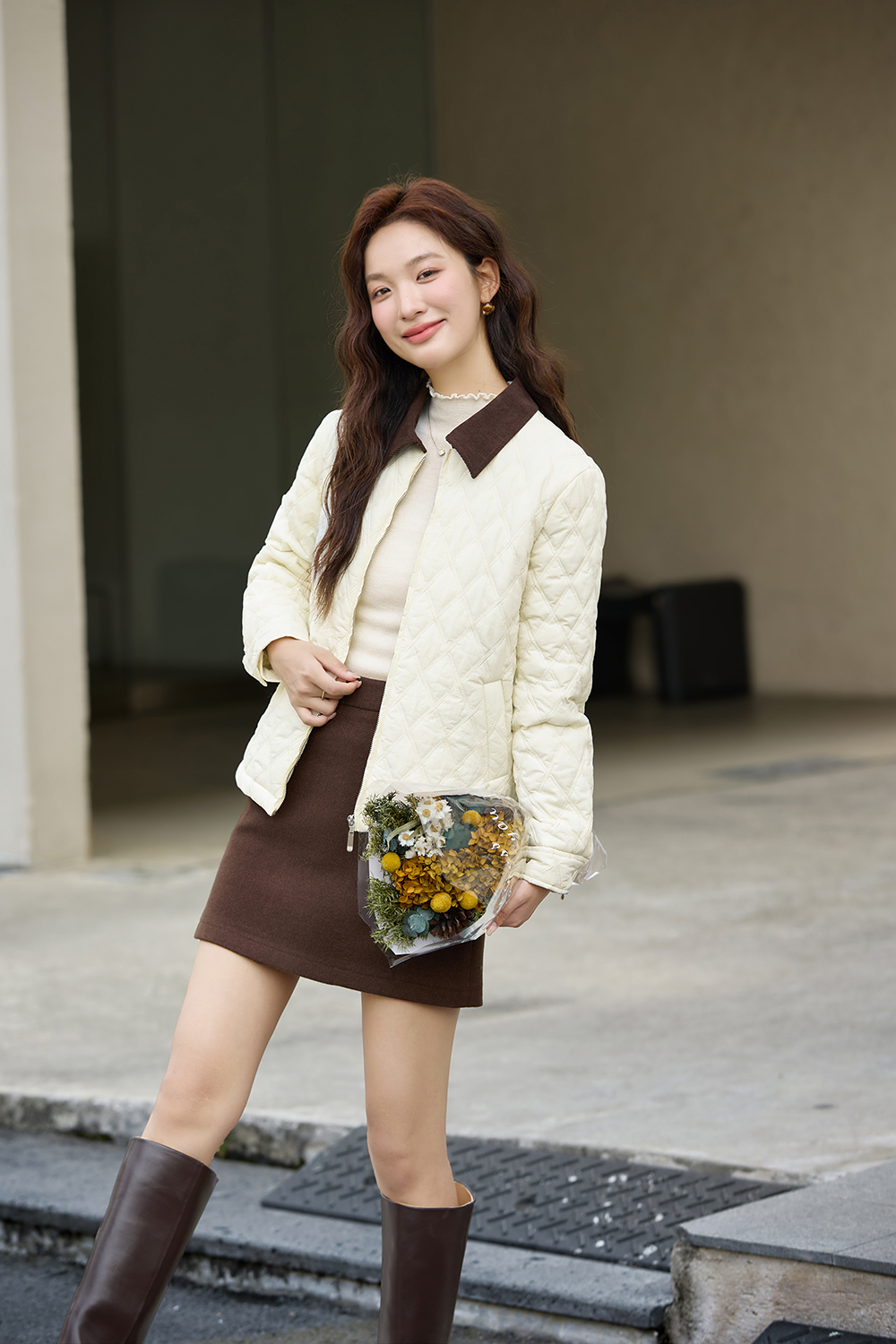 Color-Block Lapel Argyle Puffer Jacket