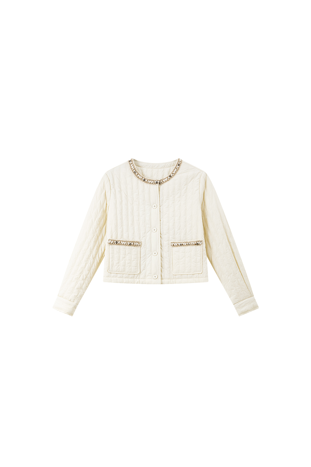 Apricot Ribbon Crew Neck Cotton Padded Jacket