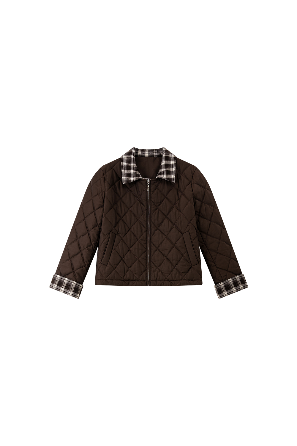 Coffee-Colored Fake Two-Piece Lapel Argyle Cotton Padded Jacket