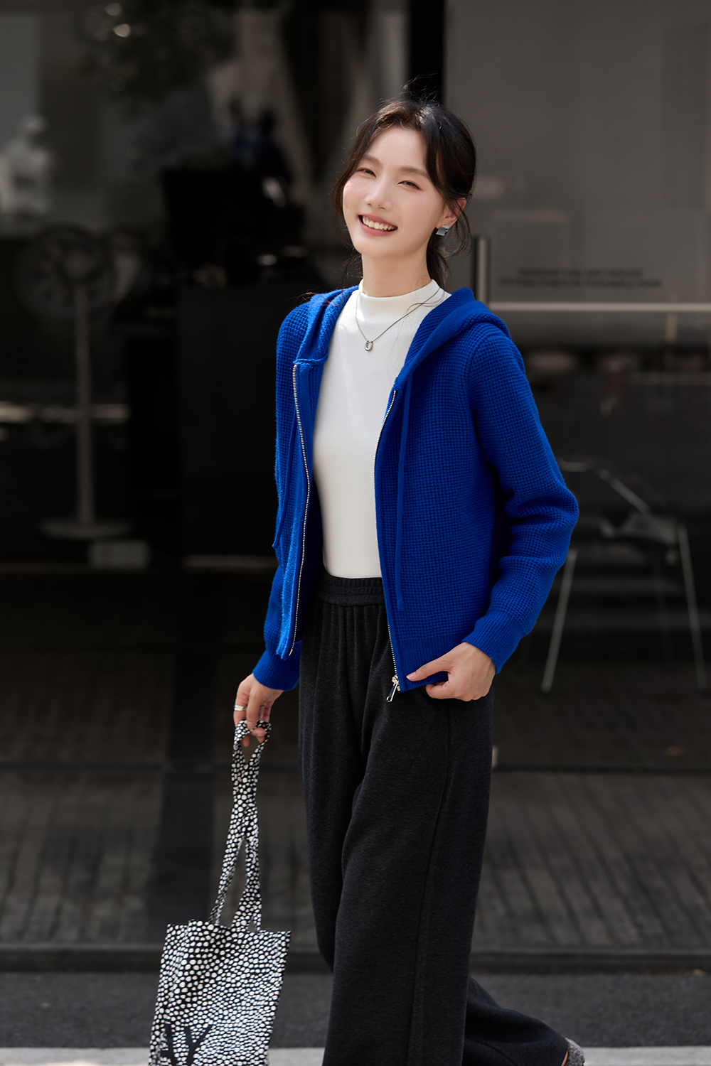 Blue Hooded Zippered Knitted Cardigan