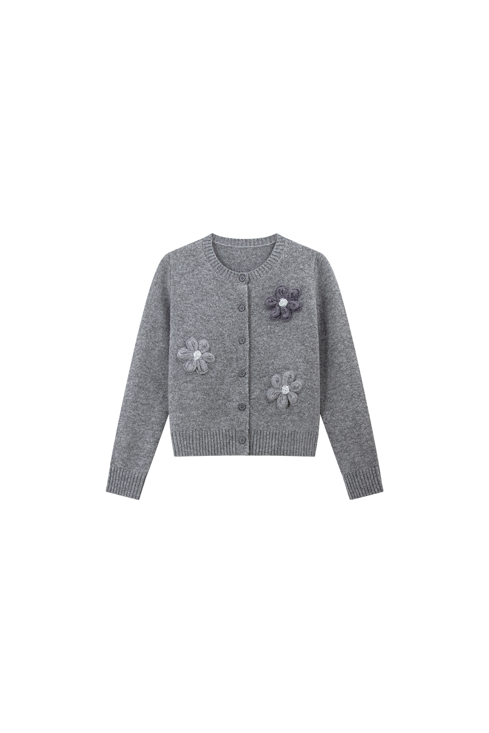 Gray 3D Flower Crew Neck Knitted Cardigan