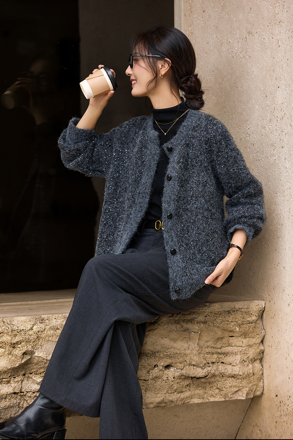 Coffee-Colored Crew Neck Sequin Sweater