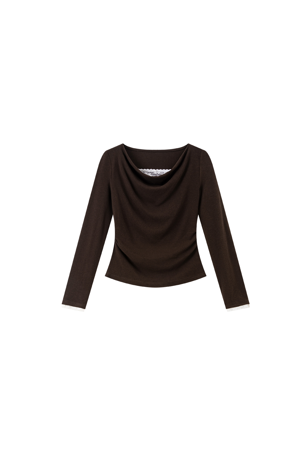 Brown Lace Draped Collar Knitted T-Shirt
