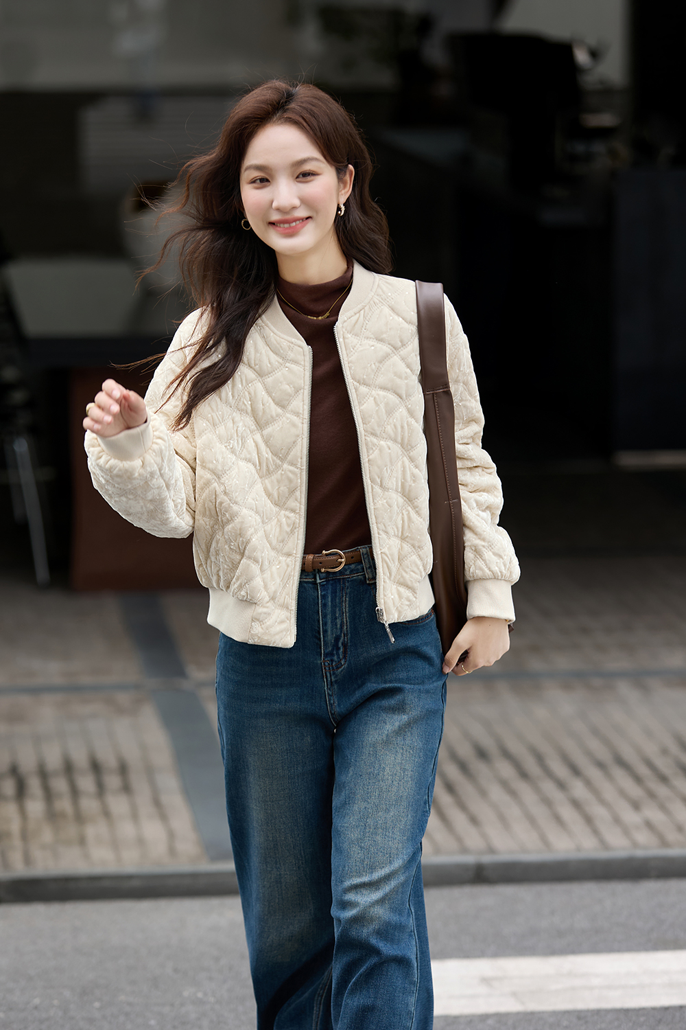 Apricot Argyle Velvet Varsity Cotton-Padded Jacket