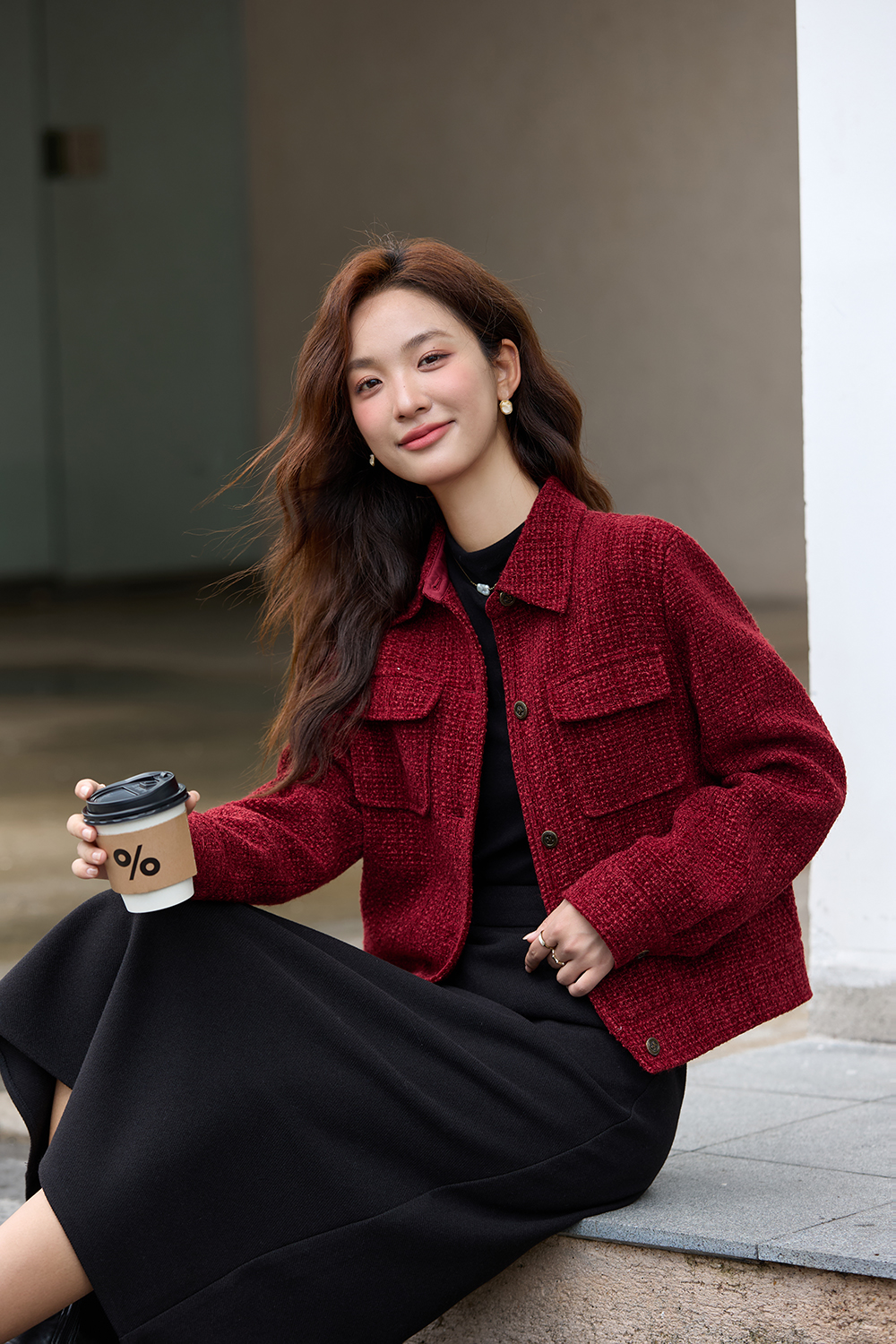 Red Lapel Short Wool Blend Jacket