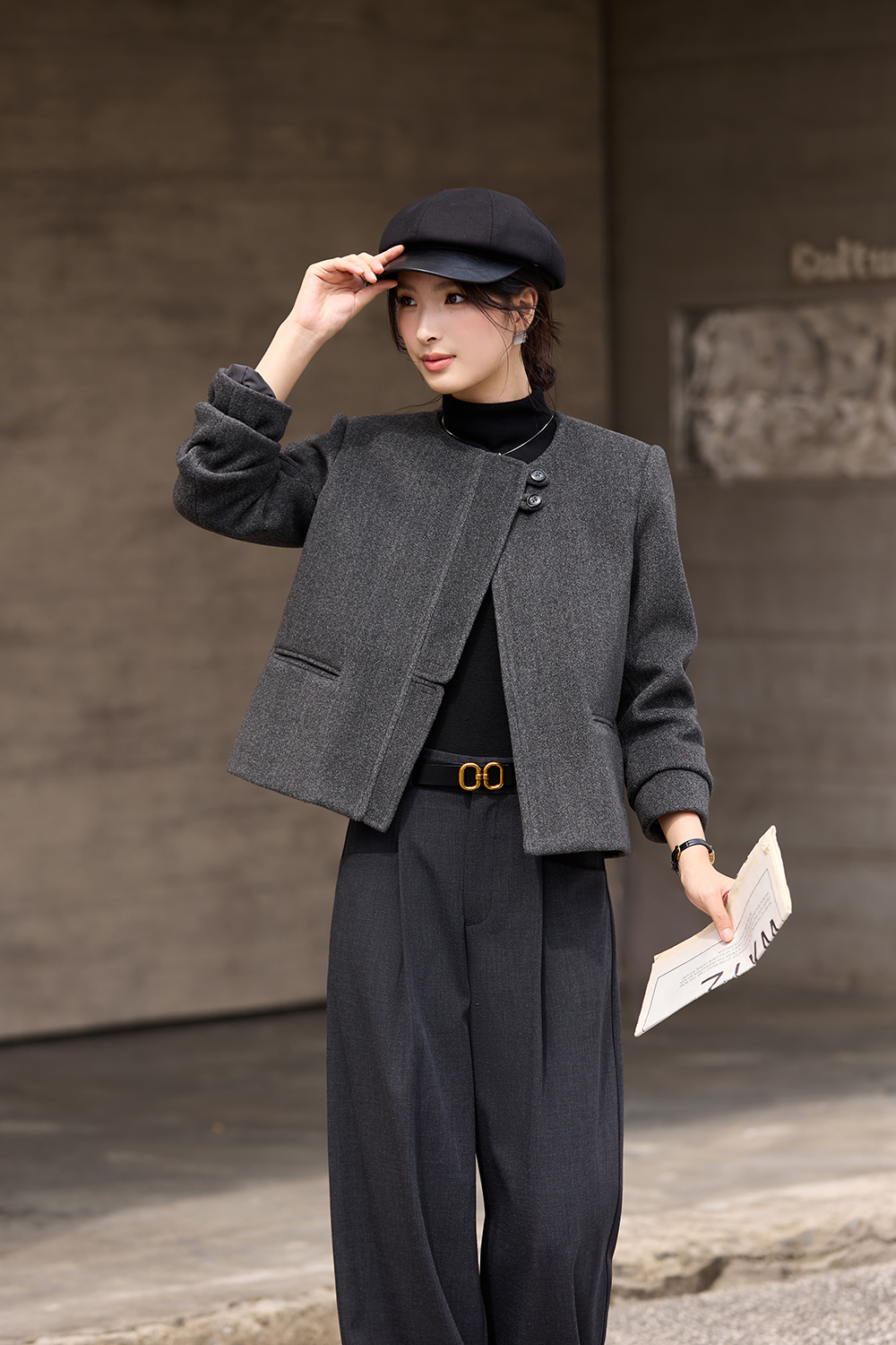 Grey French-Style Crewneck Wool Blend Coat
