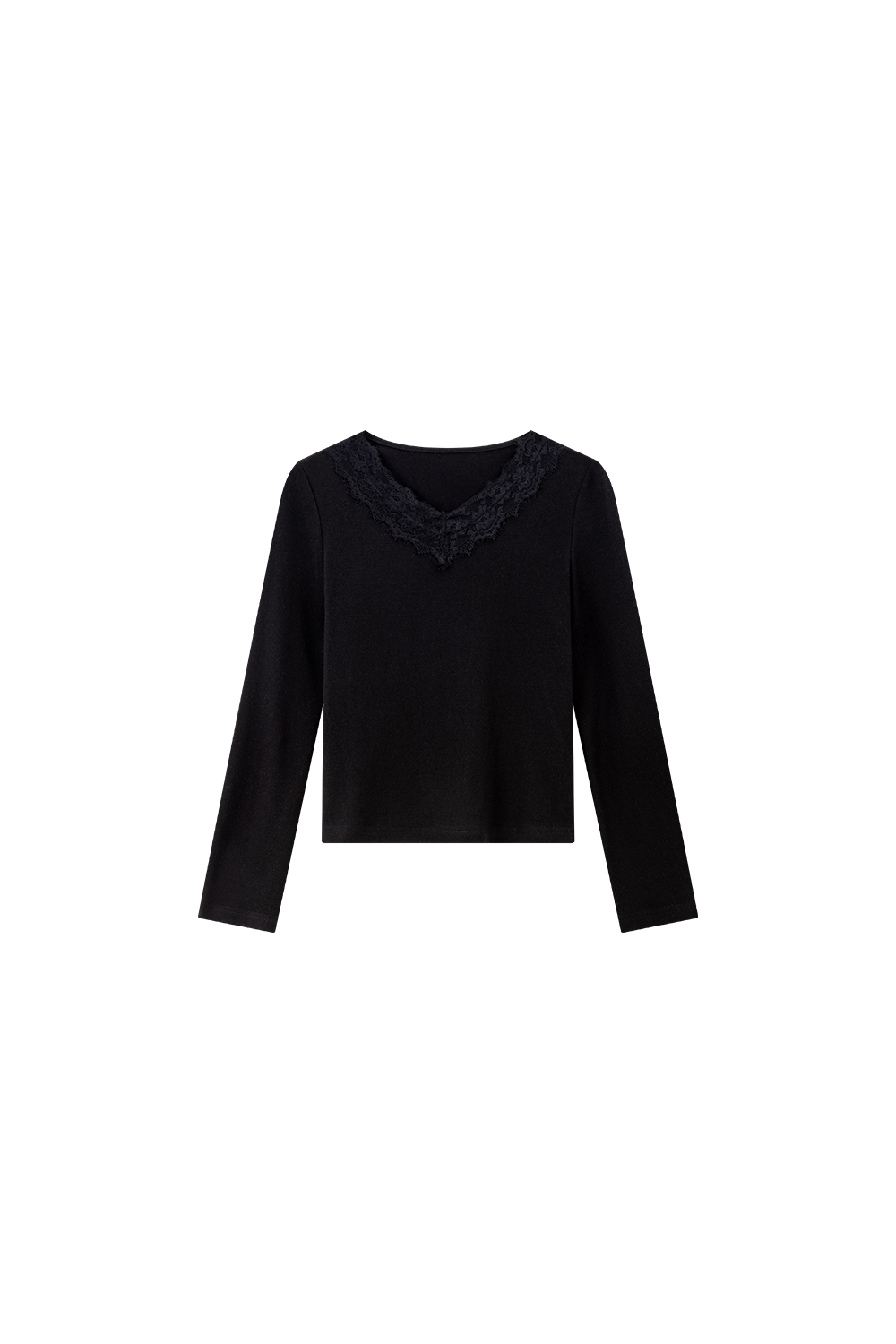 Black Ruffled Lace V-Neck Long-Sleeve T-Shirt