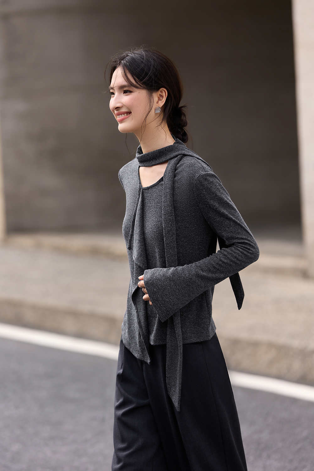 Asymmetric Ruffled Streamer Long-Sleeve T-Shirt
