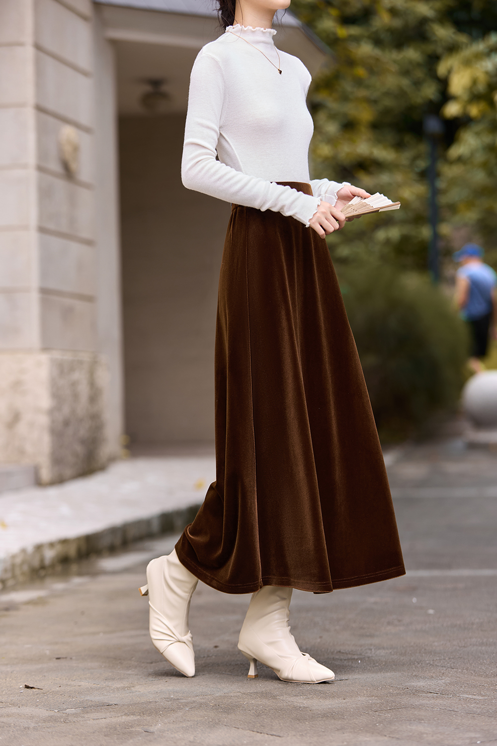 Brown French-Style Knitted Velvet Midi Skirt