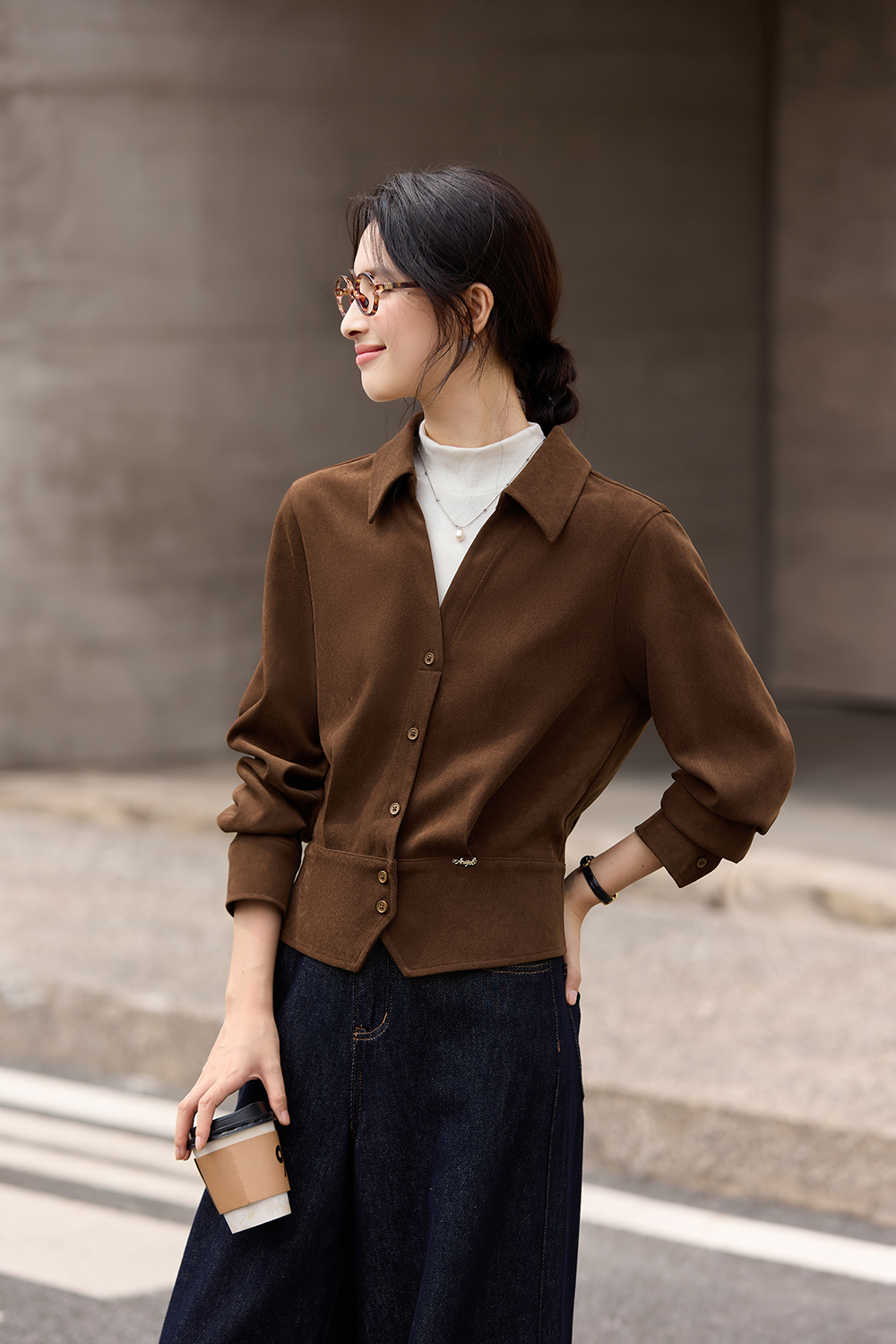 Apricot-Coffee Layered-Look Stand-Collar Shirt