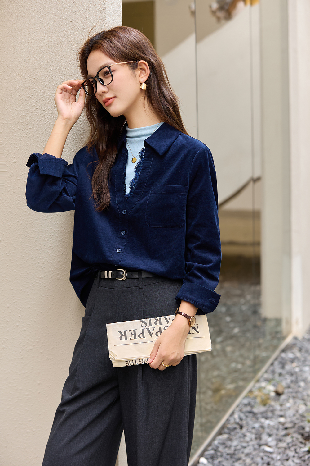Red-Black French-Style Layered-Look Long-Sleeve Shirt