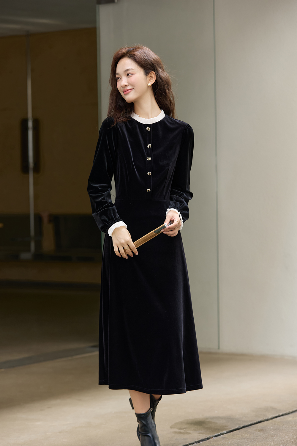 French-Style Velvet A-Line Dress