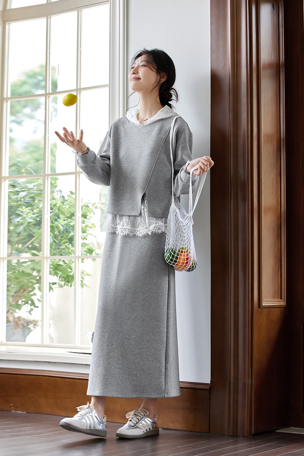 Grey casual lace hooded tops and skirts-VIMLYSTORE