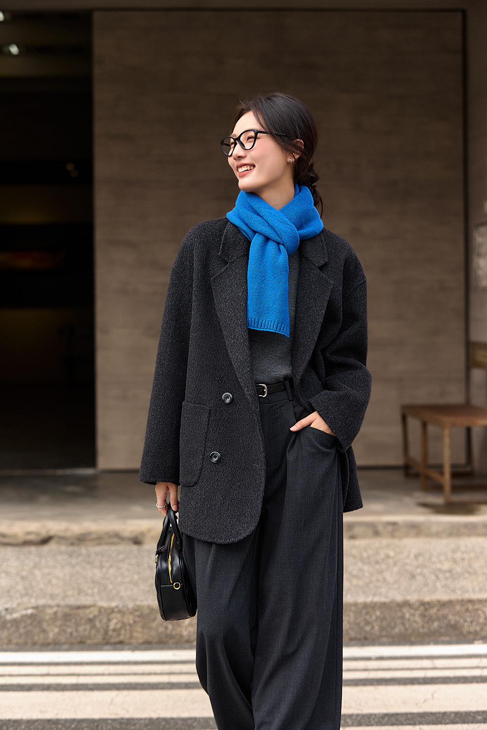 Grey plaid woolen suit jacket