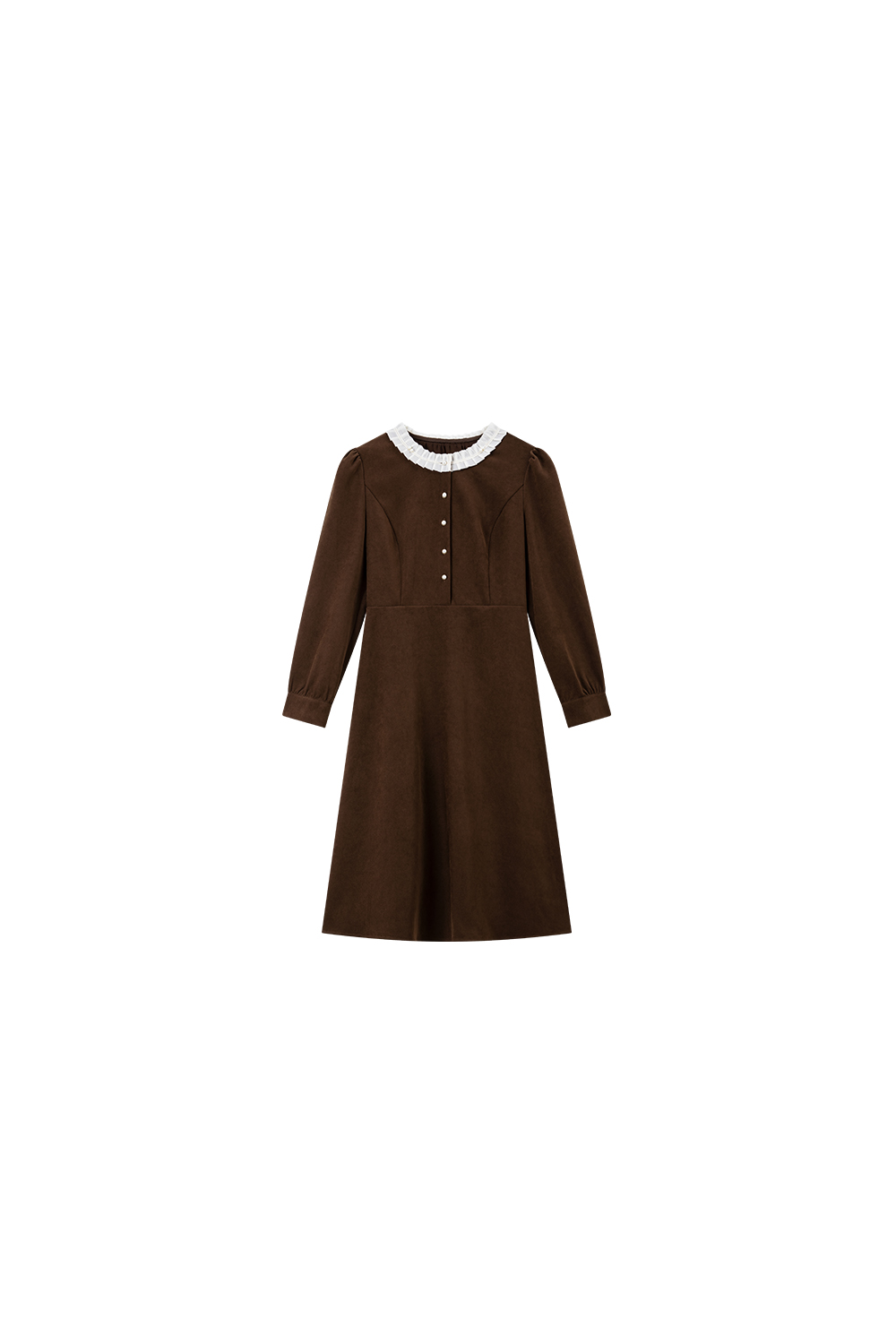 Brown French lace - trimmed crew - neck dress