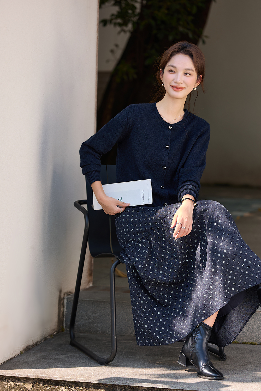 Navy blue cardigan floral dress set
