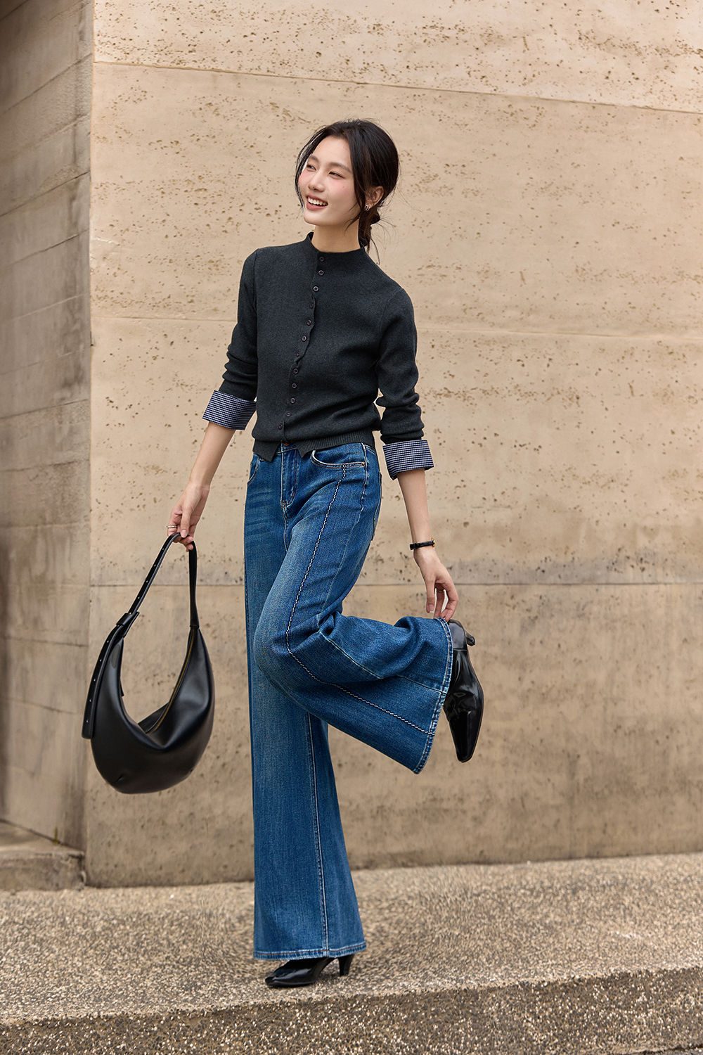 Blue retro washed micro - flared pants