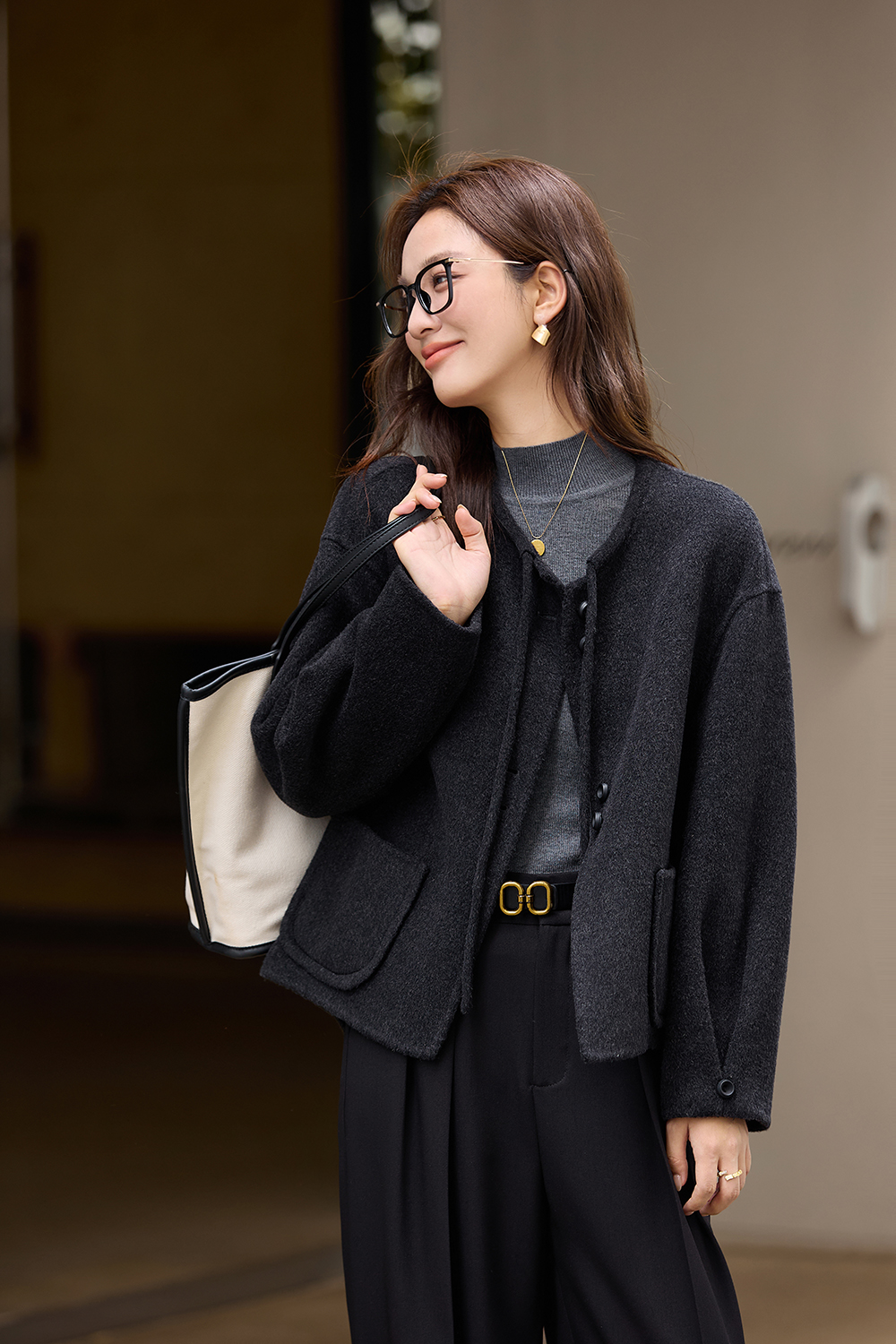 Crew neck double-sided wool coat