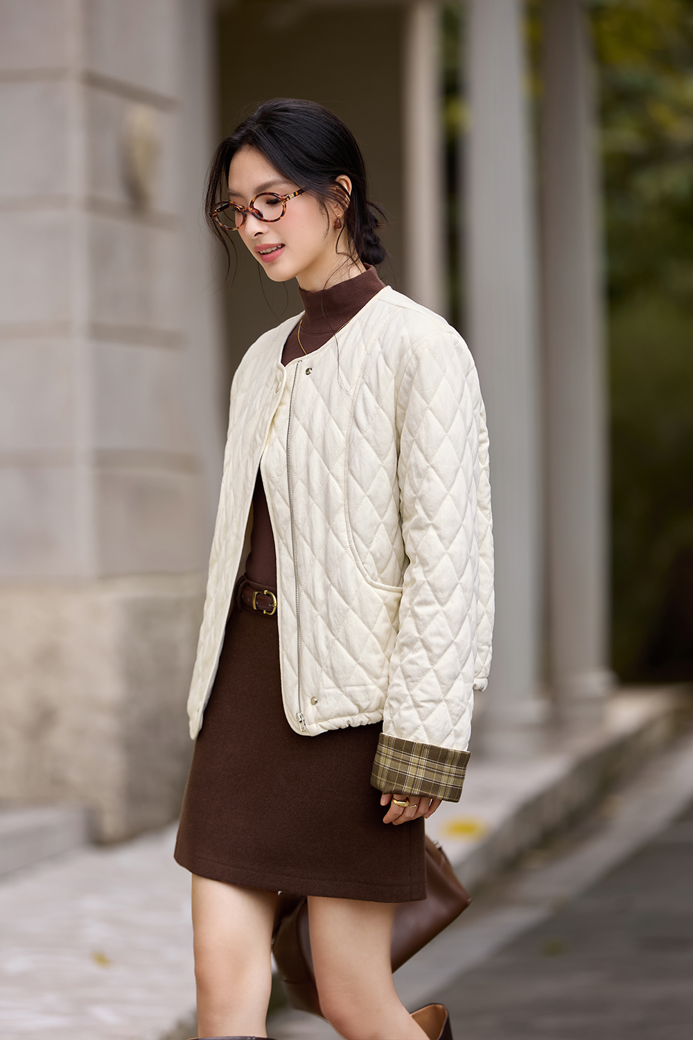 Quilted color-block short cotton-padded jacket