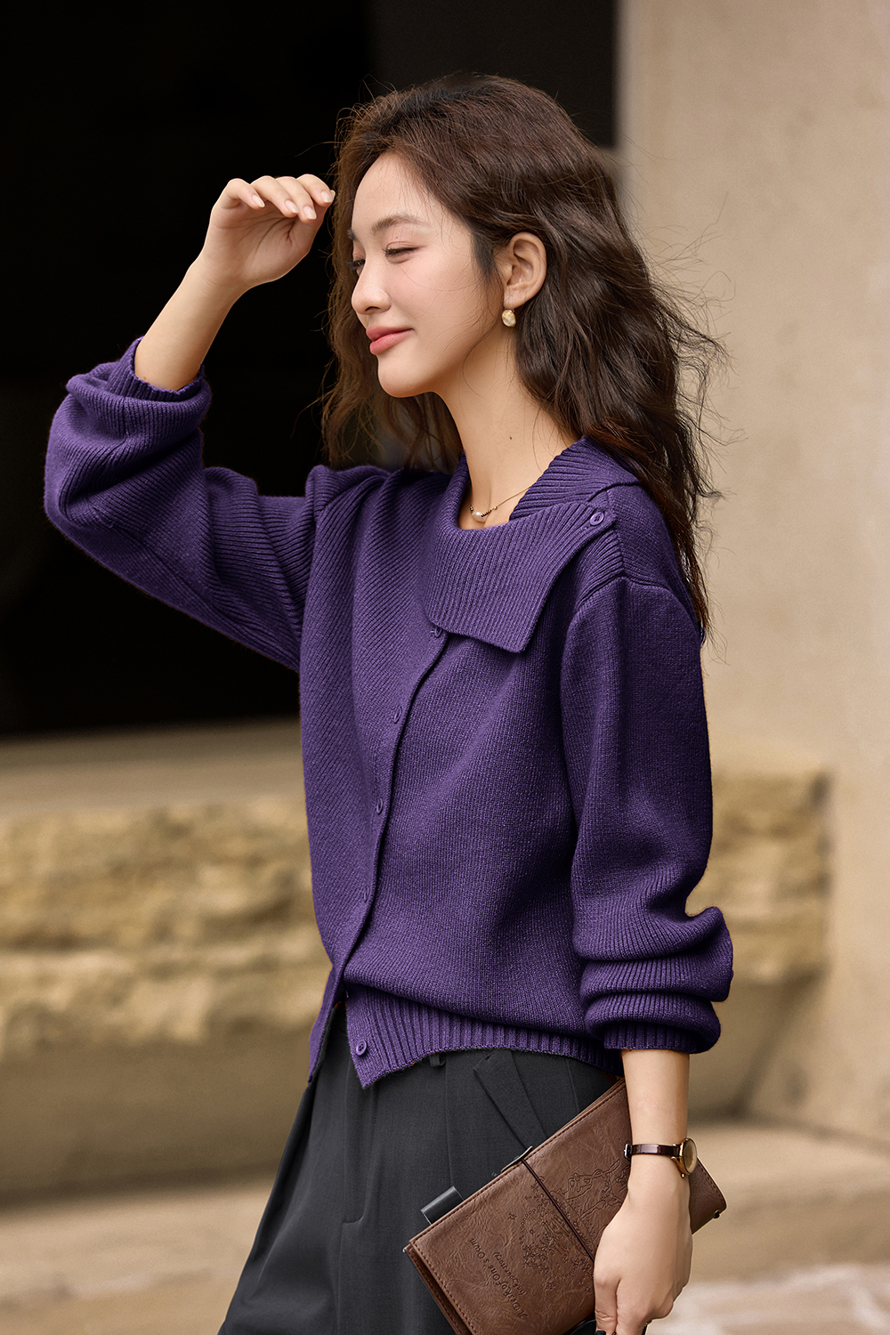 Designer asymmetric lapel knitted sweater