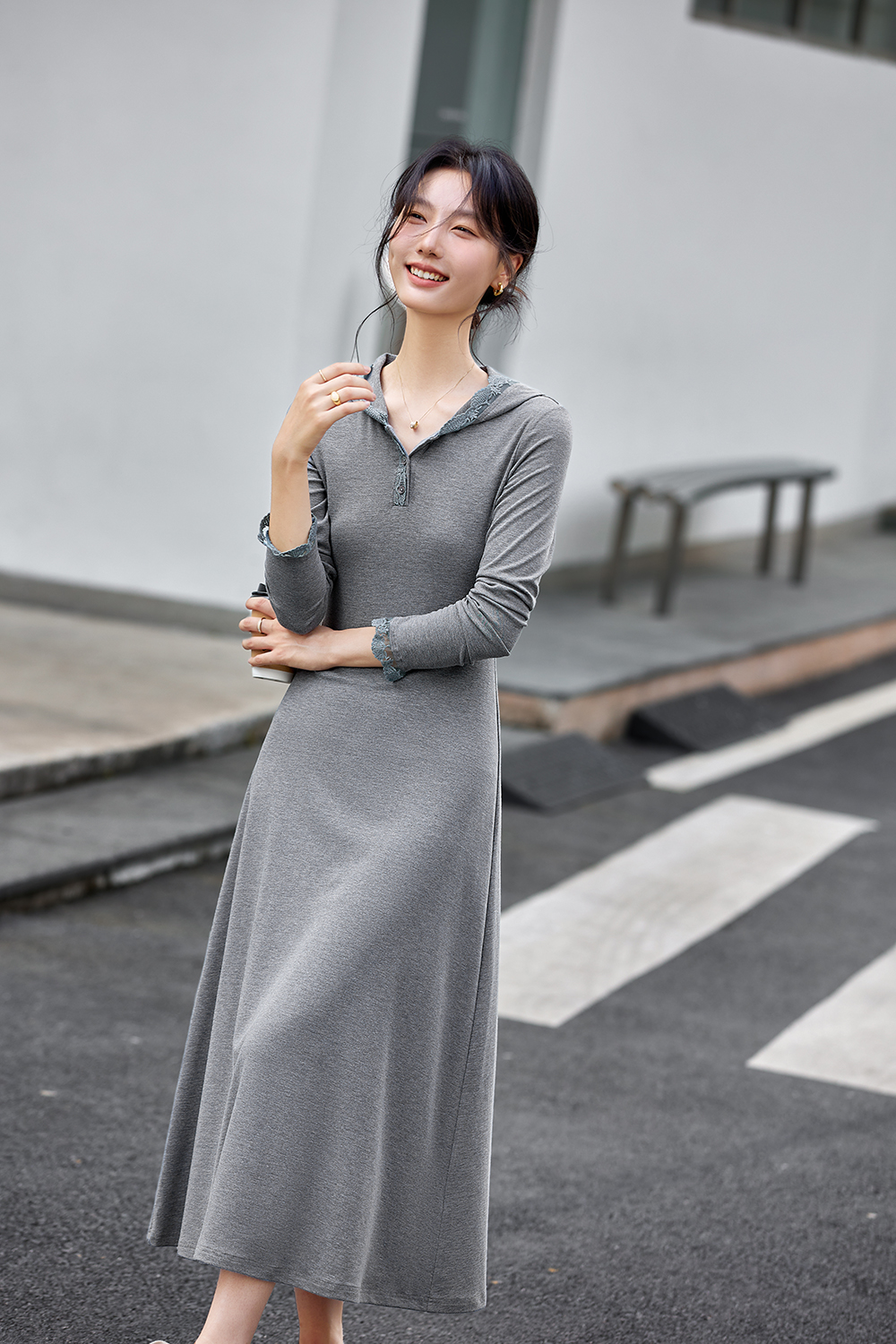 Lace-Trimmed Hooded Fit-and-Flare Dress-VIMLYSTORE