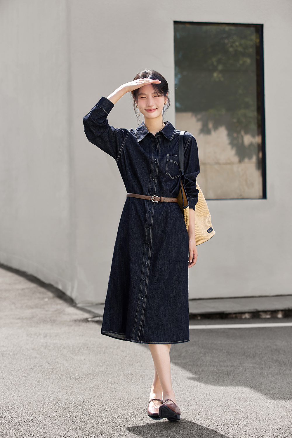Denim Shirt Dress with Contrast Topstitching-VIMLYSTORE