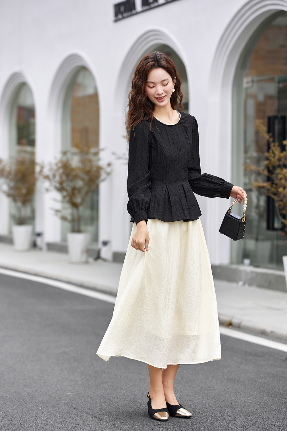 Elegant Crewneck Top & Waist-Defining Skirt Set-VIMLYSTORE