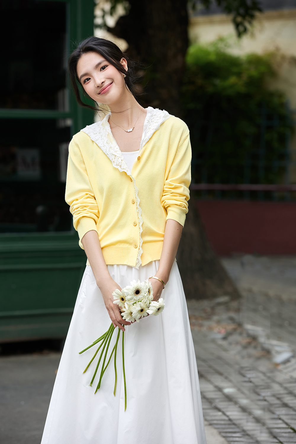 Yellow lace hooded knitted cardigan sweater coat-VIMLYSTORE