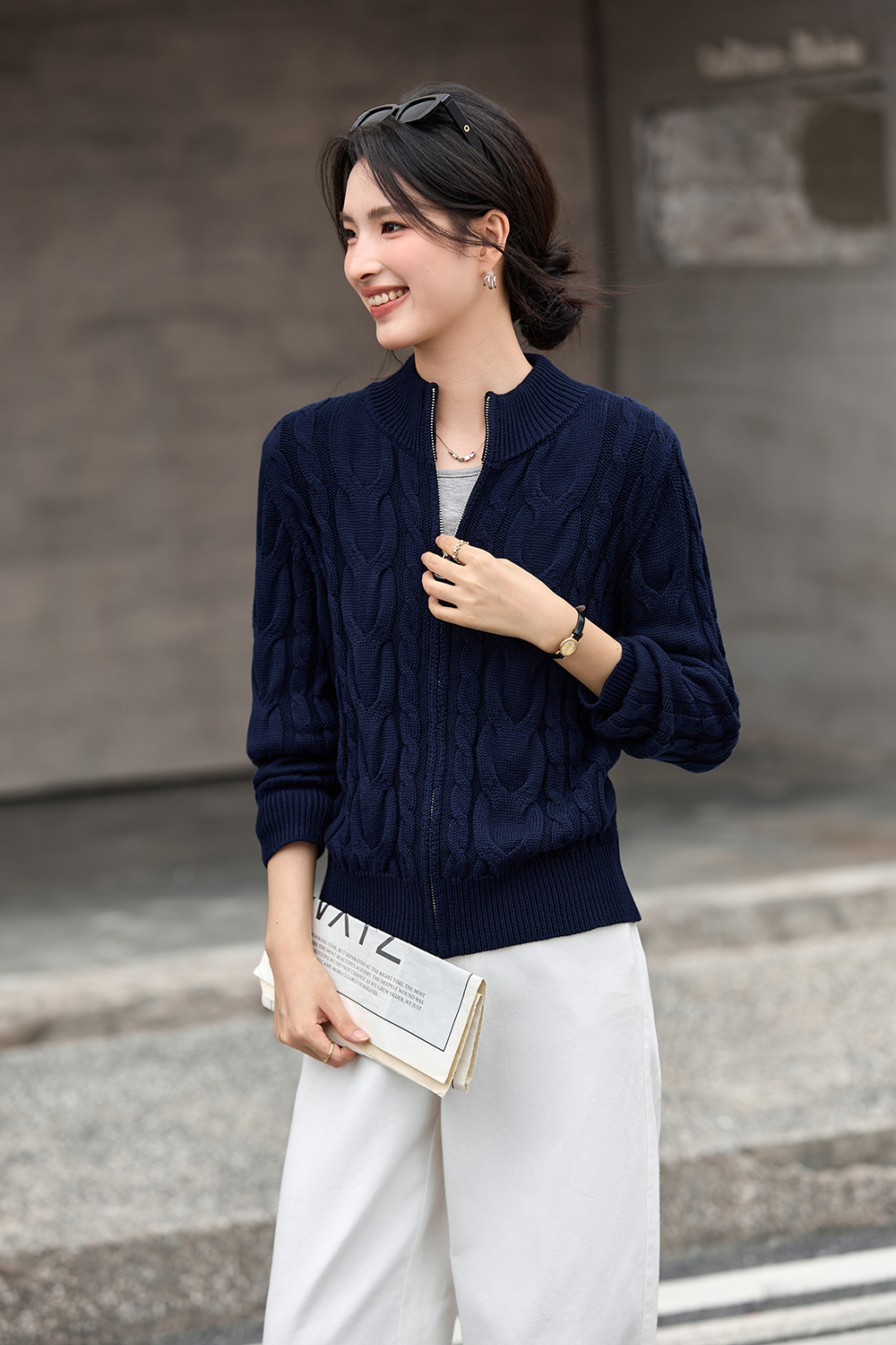 Twisted Cable Stand Neck Zipper Knit Cardigan-VIMLYSTORE