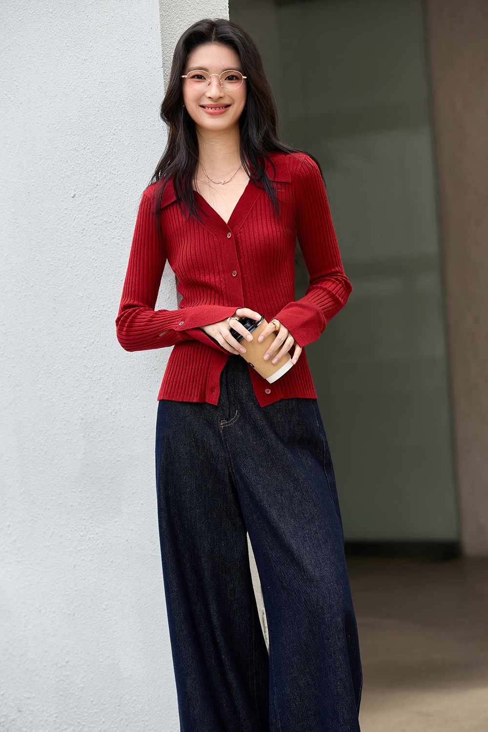 Minimalist Slimming Fitted Ribbed Fold-Over V-Neck Knit Cardigan-VIMLYSTORE