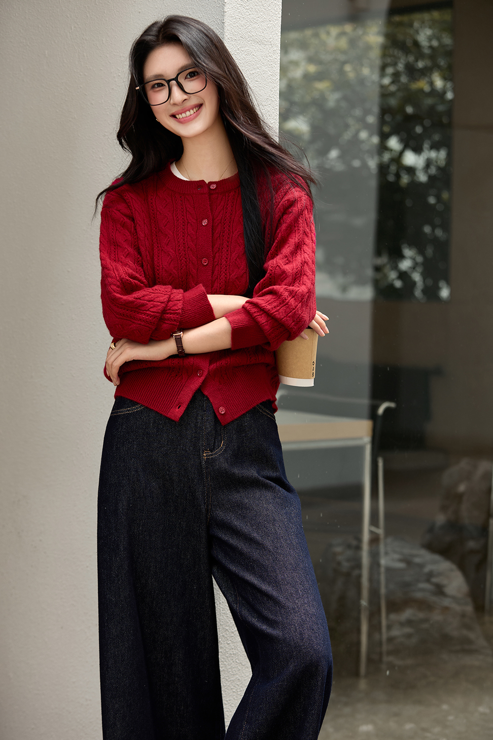 Red Cable-Knit Loose Wool Blend Round Neck Knit Sweater-VIMLYSTORE