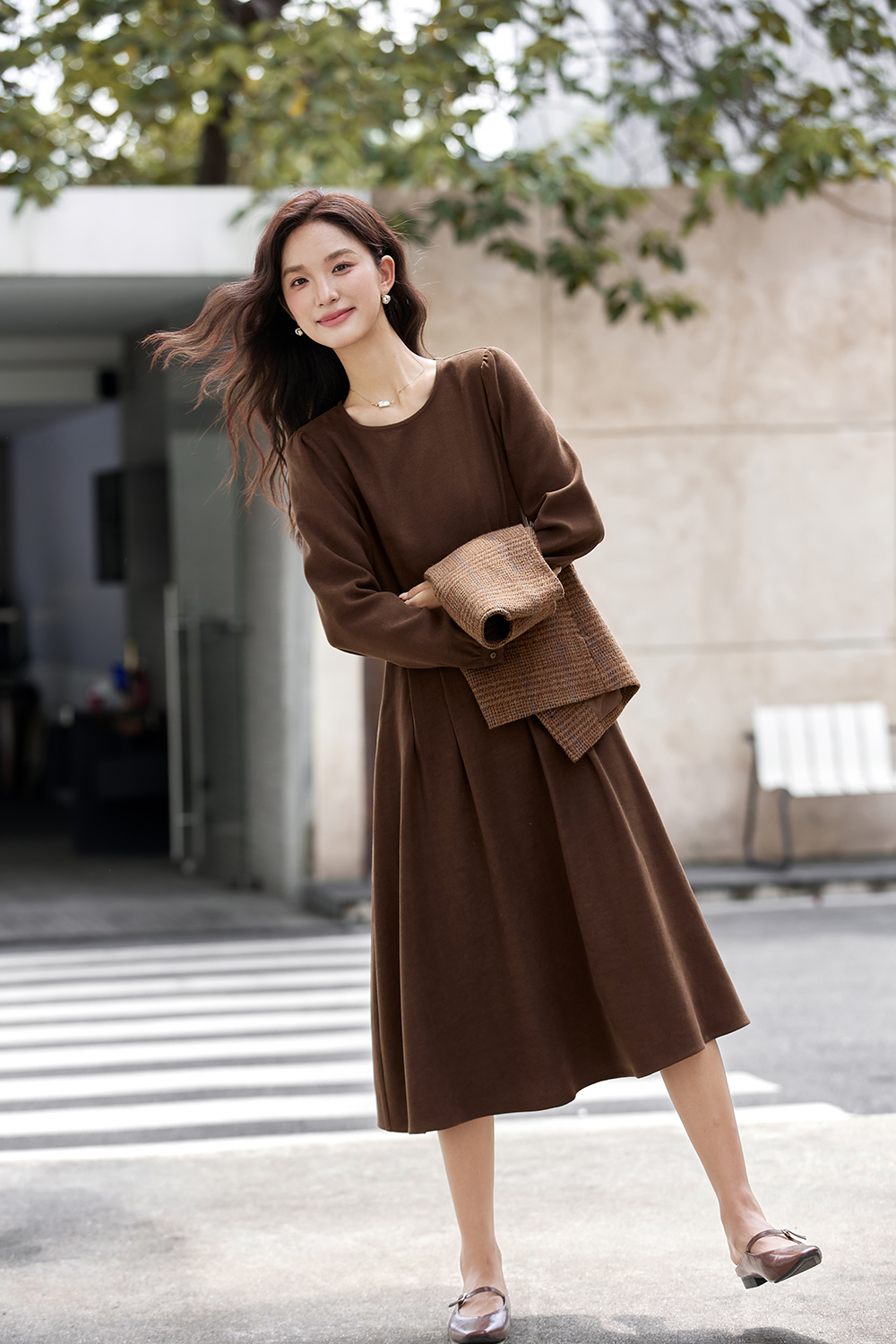 Brown Elegant Round Neck Vest with Long Dress Set-VIMLYSTORE