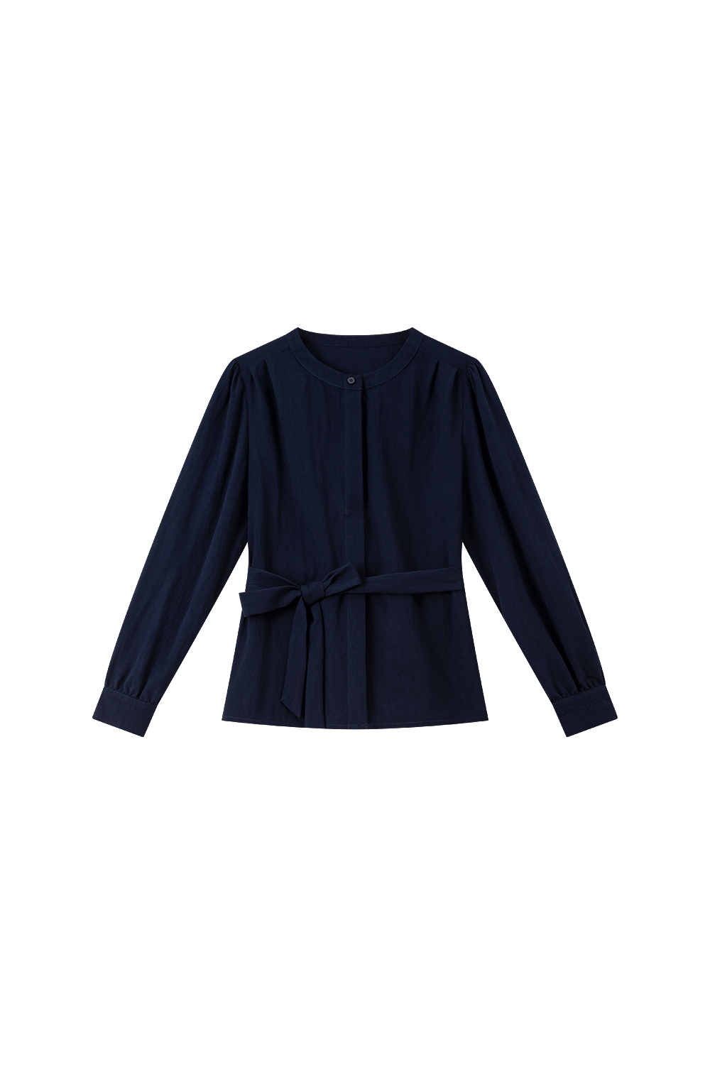 Navy Blue Korean-Style Puff Sleeve Waist-Defining Slimming Round Neck Blouse-VIMLYSTORE
