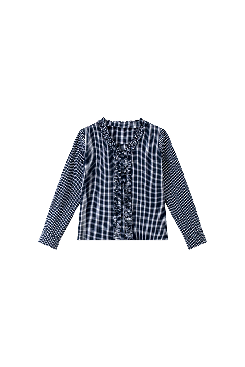 Navy Blue Ruffled Collar Pure Cotton Lapel Long Sleeve Plaid Shirt-VIMLYSTORE