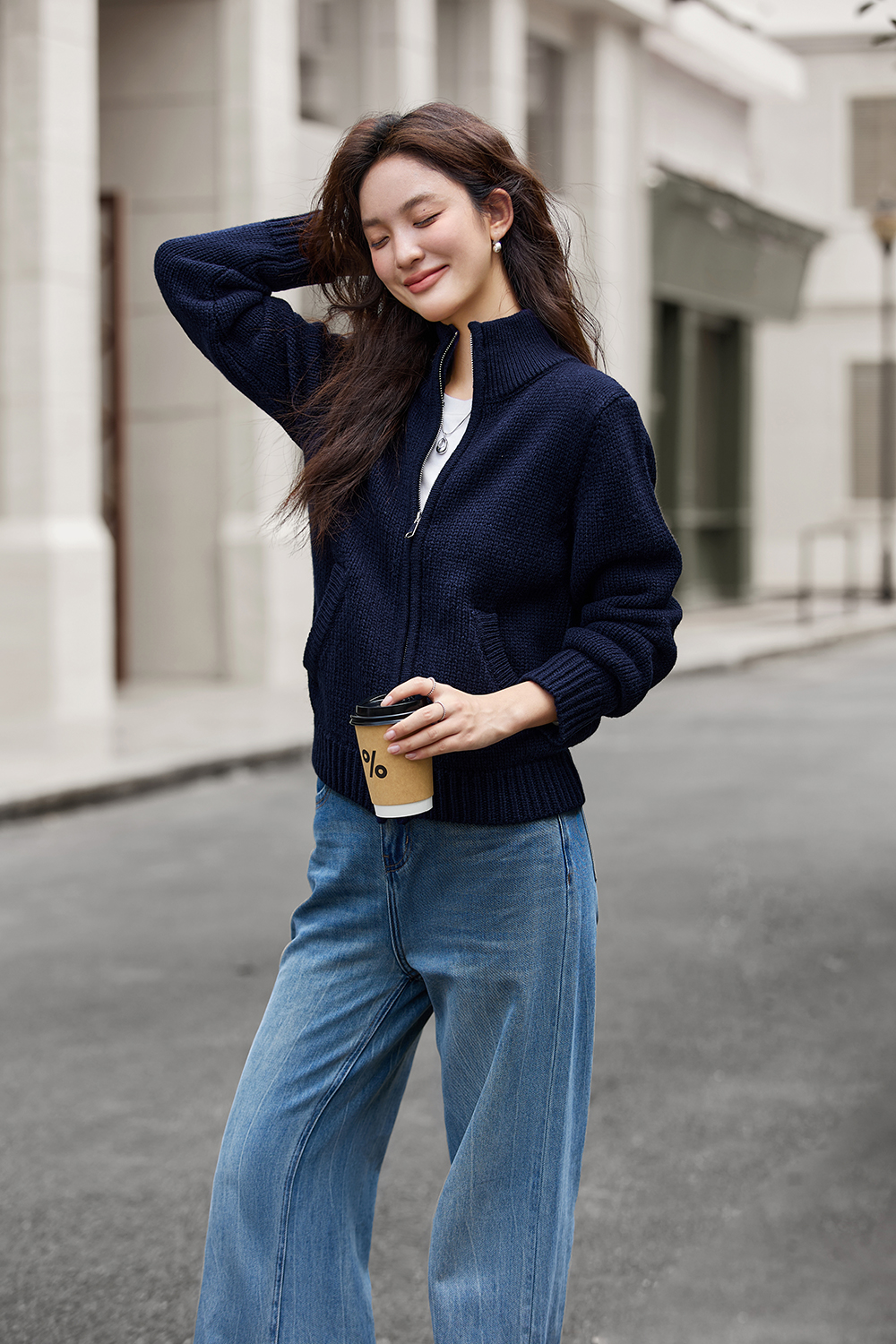 Zip-Up High Neck Versatile Knit Convertible Lapel Cardigan-VIMLYSTORE