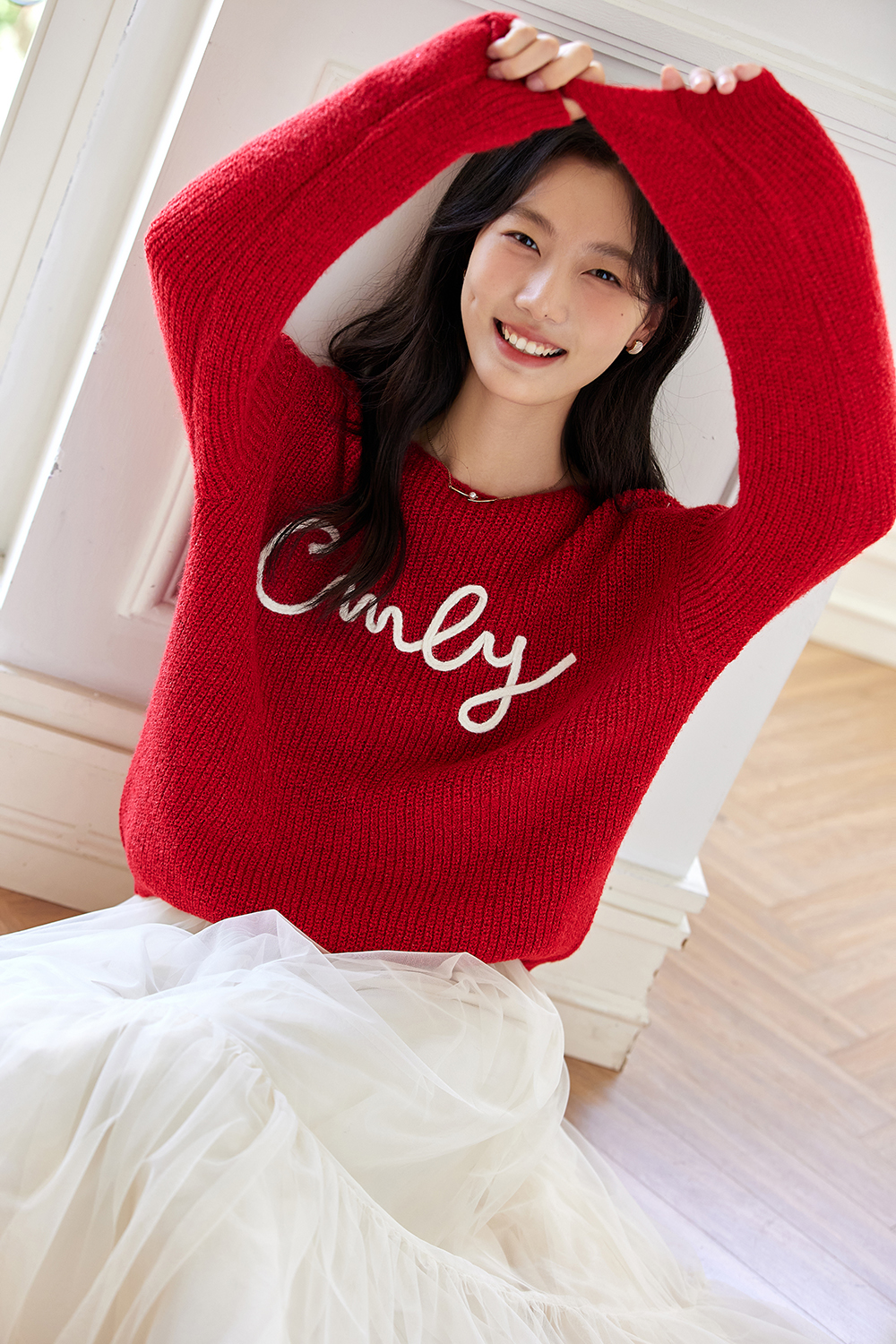 Letter Embroidered Round Neck Knit Sweater Loose Sweater-VIMLYSTORE